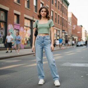 Klassy Network Short Sleeve Green Square Neck Crop Top Small